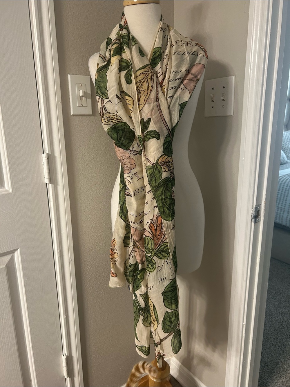 One Hundred Stars Botanical Print Decorative Scarf Wrap in Cream and Green